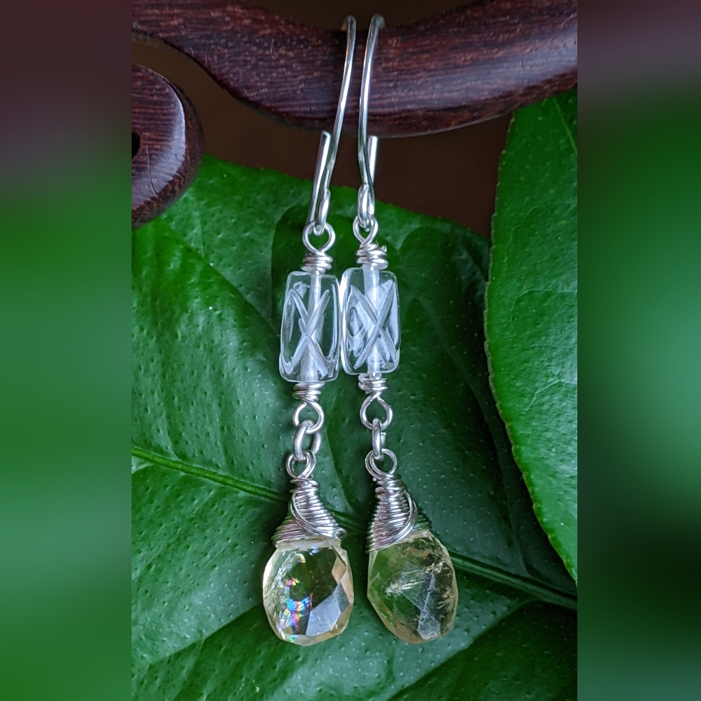 Sterling Silver Citrine Drop Earrings With Carved Clear Quartz Gems - Picture 13 of 13